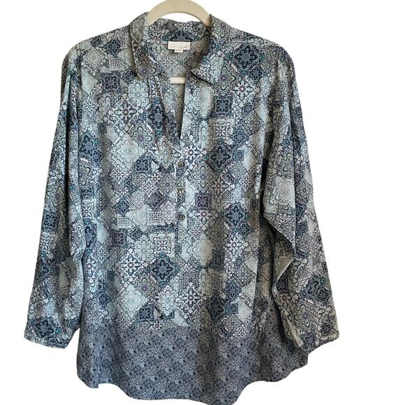 J. Jill Blouse Popover Top Long Sleeves Blue Mixed Print Collar Plus Sz 2X - Picture 1 of 11
